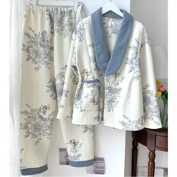 Домашно облекло от две части, дамски пролетно-зимна топла следродилна дрехи с V-образно деколте, памучен есенна пижами за кърмещи 2023