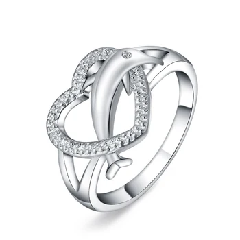 Красивият пръстен с делфина във формата на сърце любов, лист, горещо, сладко, благородно, хубаво, модерно сватбена женски пръстен е сребърен цвят, бижута за Дами