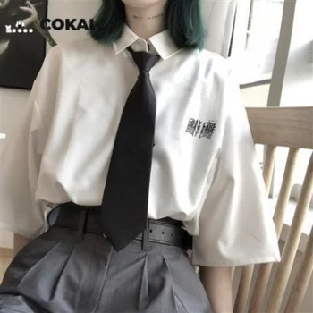 Риза Студентски корейската версия, свободна риза с къс ръкав, последният стил студентски стил, лятна женски вратовръзка, ежедневна мода