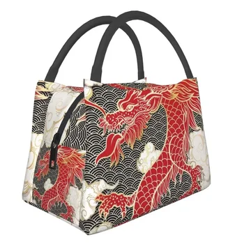 Дамски чанта за обяд с тотем на китайския червен дракон, преносим термосумка-хладилник в традиционен азиатски стил, кутия за Bento