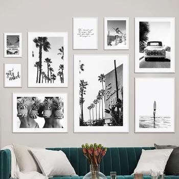 Тропически плаж, Момиче с Ананас, Кокосови палма, е Черно-бяла Стенни картини, платно, интериор за дневната, плакати, щампи, стенни пана
