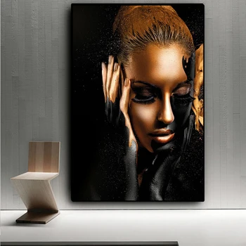 Африканско изкуство, черно-златната жена, живопис с маслени бои върху платно, постери и щампи Cuadros, Скандинавски стенни картина за хола