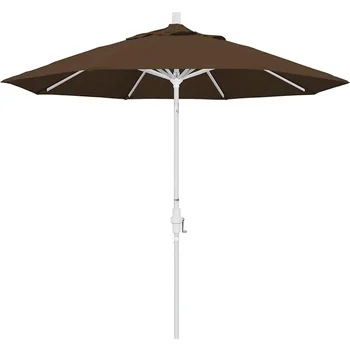 Бял led чадър върху поле за плаж, 9-инчов кръгла алуминиева пазарен чадър с манивела-повдигане яка, наклонена беседка от тиково олефина, безплатен транспорт