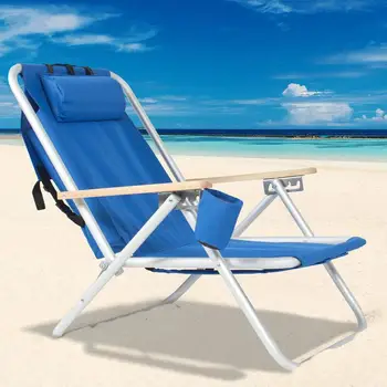 Плажен стол-раница, сгъваем портативен стол, синя здрава конструкция + поставка за чаши