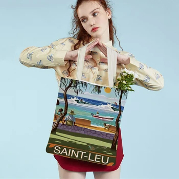 Реколта торбички за пазаруване за почивка на френския остров Реюнион, дамски чанти-тоут, сгъваема и от двете страни, Еко-ежедневни холщовая женствена чанта за пазаруване