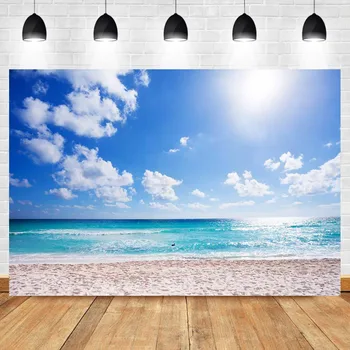  На фона на морския плаж, Тропическа слънчев фон за снимки, Гавайское синьо небе, бели облаци, студиен декори, декори за фотография.