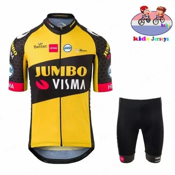 Комплект детски велосипед тениски Jumbo Visma 2022, дишащи шорти, флуоресцентно-зелена детска велосипедна дрехи за момчета и момичета, Лятна велосипедна облекло