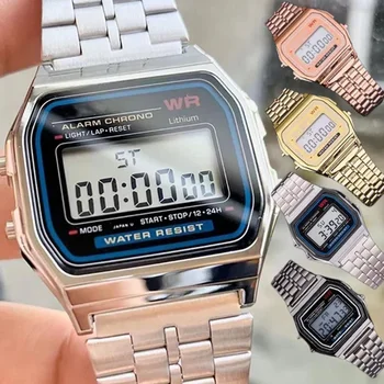 Часовник с каишка от неръждаема стомана F91W Луксозни водоустойчив Ретро Дигитални Спортни Военни Часовници Мъжки Дамски Електронни ръчен часовник Clock