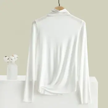 Риза с дълъг ръкав, леко топъл обикновен пуловер, блуза с дълъг ръкав с полувысоким яка, дамски еластична облегающая дрехи с прости модели