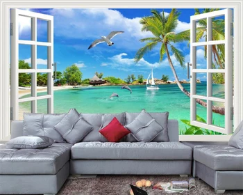бейбеханг Индивидуални модерни тапети за спалнята плаж, море кокосова палма синьо небе, бял облак средиземноморски тапети от папие-маше