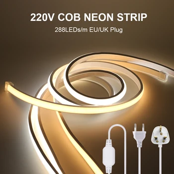 Супер Ярък COB LED Strip Light 288 Светодиоди EU, UK Plug 220V CRI RA90 Външна Лампа Водоустойчива Светодиодна Лента За Спални, Кухненско Осветление