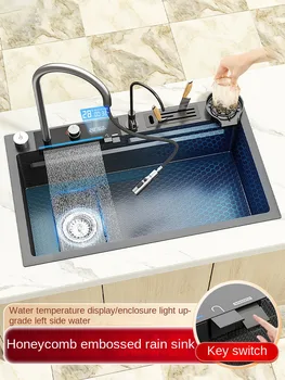 Водопад Фейю Голяма Однощелевая мивка от неръждаема стомана Nano 304 Кухненска Домашна мивка с цифров дисплей, ръчно и мивка за измиване на зеленчуци в Ляво