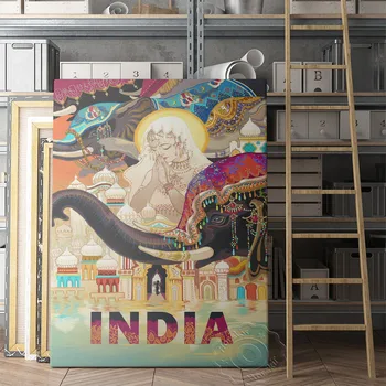 Индия Пътуване, Ганеша, Плакат, Илюстрация, Стенно изкуство Платно Картина Принт Художествена картина Хол Начало декор