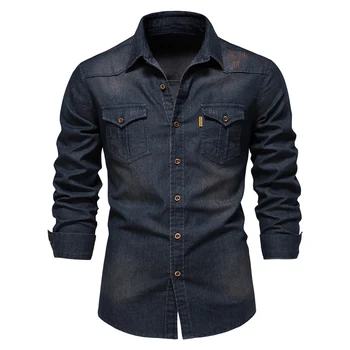 2023 Нова Еластична памучен деним риза Мъжка с дълъг ръкав, са Качествени тъмно-син каубойски ризи, Мъжки Ежедневни Приталенная мъжки дизайнерски дрехи