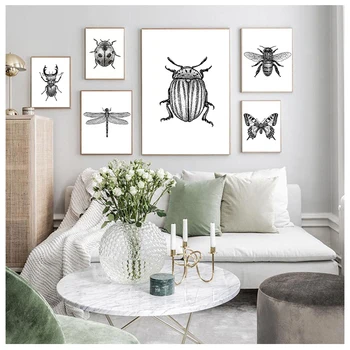 Черно-бяла стенни живопис върху платно с изображение на насекоми, боядисани ръчно бръмбари, плакати и щампи с насекоми, стенни рисунки, домашен декор
