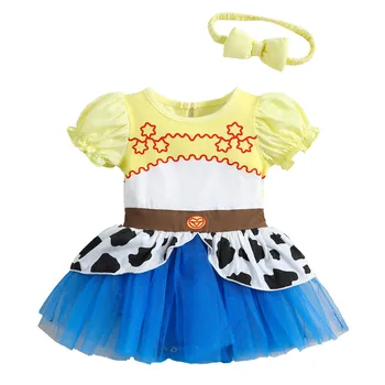 Детски костюм мультяшного характер за cosplay за Хелоуин, парти за рожден Ден, анцуг, с буйни ръкави и принтом крави, рокля-пакетче с превръзка на главата