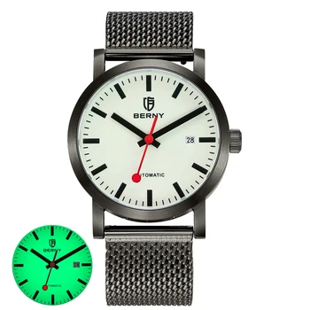 Швейцарски жп часовник BERNY MIYOTA 8215, Автоматични часовници, Мъжки Светещи Модерен ръчен часовник от неръждаема стомана, Водоустойчив механични