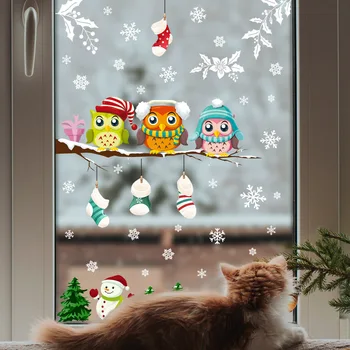 Коледна украса, Электростатическая стъклена стикер, Мультяшная клонка, Бухал, Снежинка, Снежен човек, за Украса на прозорци