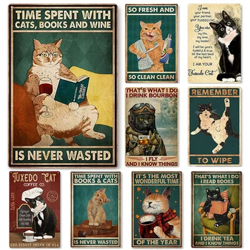 Метален плакат с черна котка, пьющим кафе и бира, метална табела с котка, Лидице табела с забавен домашен любимец, реколта знак за украса на стени