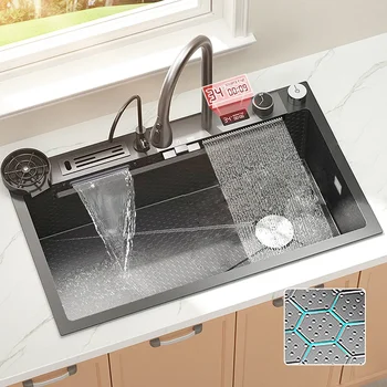 Мивка с водопад с цифров дисплей, кухненска мивка от неръждаема стомана с релефни, по-голямата единична купа, черна мивка с кухненски смесител