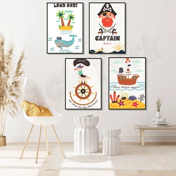 Картина върху платно, Пиратски капитан, щампи, волан, компас, Стенно изкуство, плакат за детски стаи, Интериор за спални за малки момчета
