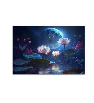 Картина върху платно с цветя на син лотос, монтиран на стената пейзаж с водна лилия, Голяма репродукция на картини с маслени бои, Подаръци за дома с ръчно рисувани