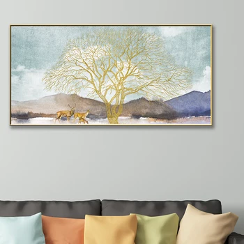 Пейзаж със Златен дърво и лосем, реколтата, плакати, стенни картини за всекидневната, скандинавски декор за дома