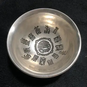 Китайските редки колекционерски Ръчно изработени Тибет - Сребристо-бял мед Трайност купа-статуетка SHOU word начало декор ръчно изработени изделия от метал