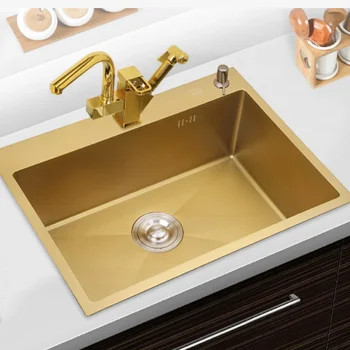 Златни кухненски мивки с една чаша от неръждаема стомана, разделител, многофункционална дъска за гладене, кошница за източване на водата в мивката