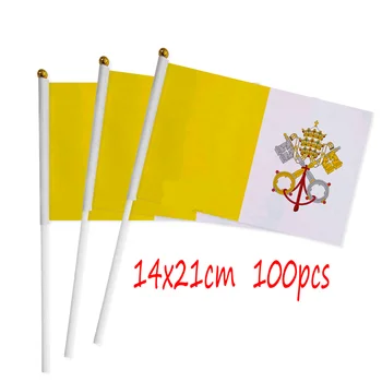 ZXZ ръчно Флаг на Ватикана 100шт 14*21 см Полиестер Двустранен Печат Ръчен Флаг на Ватикана VA с пластмасово флагштоком