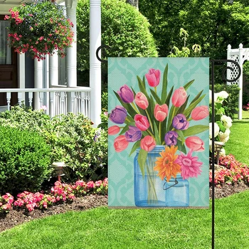 1 бр. Лен памук градински знаме с изображение във формата на ваза с лалета, окачен декор за дома градина на закрито и на открито