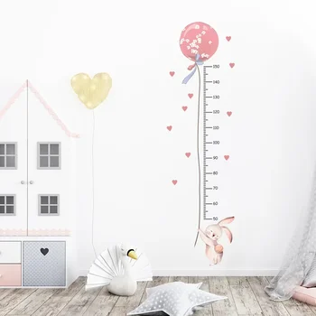 Стикери за стена с въздушен топка и заек за стаи за малки момичета, таблица на растежа, таблица за измерване на височина, стикери за стените на детската