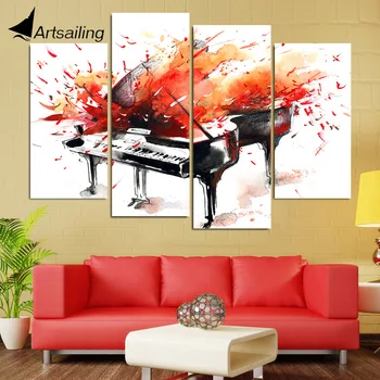 HD Печатни платно от 4 части, абстрактна живопис върху червеното пиано, стенни картини за всекидневната, модулна рамка, безплатна доставка, NY-7028D