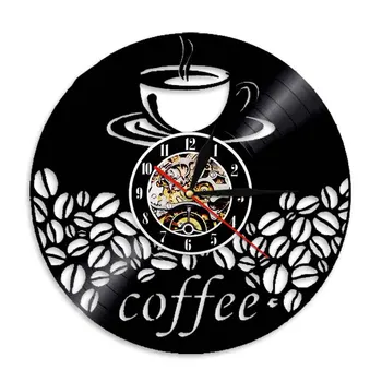 Арт декор на стените кафе, Чаша с кафе на зърна, Vinyl плоча, стенни часовници, Модерен дизайн на стаите, 3D и Стенни часовници, Кухненски часовник