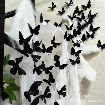 18шт Ужасна Черна Пеперуда 3D стикер на стената Лош Оформление сцена в стаята на Хелоуин Декоративни стикери