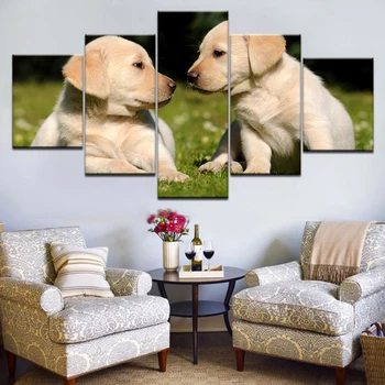 5 панели/парчета HD-принт кученца лабрадор в трева, стенни плакати с животни, печат върху платно, художествена живопис За домашен интериор дневна