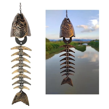 Рибен камбанка, Рибено скелет, Чугун свирки от риба кост, Стари Метални звънчета за вятър, успокояващ на открито, лесна инсталация