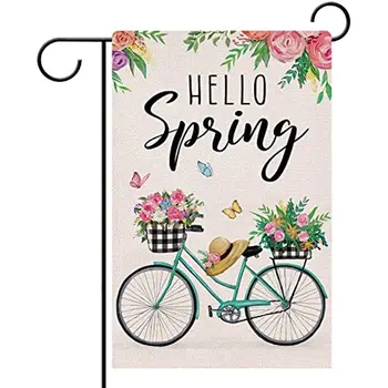 Здравейте, през пролетта под наем, цветя, Градински флаг, двустранен, розов Велосипед, декоративен двор, Малък декор за дома на открито