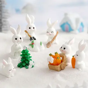 Миниатюрни фигурки Приятен Коледен заек, микро-пейзаж, Снежен човек, декорация във формата на заек, аксесоари, Аксесоари за куклата къща, Подаръци
