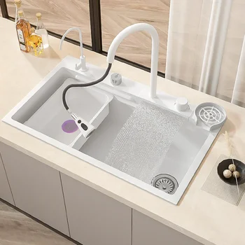 Кухненска мивка с водопад Голяма Бяла Мивка с един слот от неръждаема стомана Nano 304 с водопадным смесител за кухня