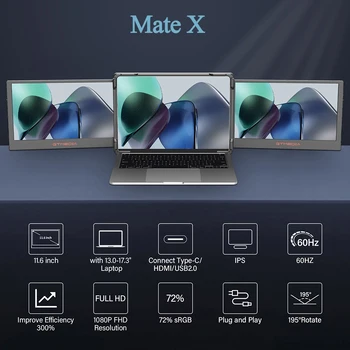 Преносим двухэкранный дисплей GTMEDIA MATE X с 11,6-инчов IPS-екран FHD Type-C с подкрепата на пълнофункционален пристанища 13,0-17,3 инча лаптоп