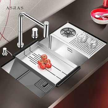 ASRAS SUS 304 Кухненска мивка с ополаскивателем за чаши за високо налягане от неръждаема стомана, ръчно изработени, замръзналите кухненски мивки под барна