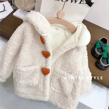 Детско палто от вълна от овце, 2023, Нов зимен пуловер за момиче с дълъг ръкав и качулка, дебели плюшени пуловер с хубаво сърце, однобортная на горно облекло