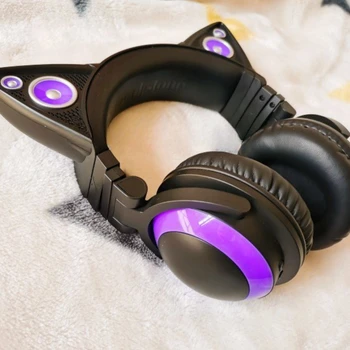 Brookstone Axent носете 1S Лилаво слушалки с кошачьими уши в комикс стил, двухмерная детска слушалки с led подсветка за момичета