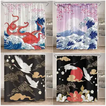 Японски завеси за душ, Розова череша, Планински октопод, Бяла кран, морски вълни, пейзаж от плат, Декорация за баня с куки