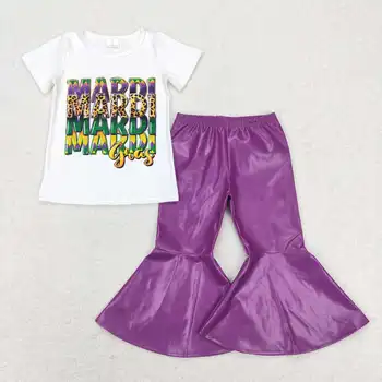 продажба на едро, топла разпродажба на детски дрехи за малките момичета, детски дрехи, бял топ с къс ръкав и букви, лилаво разкроена кожени панталони
