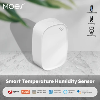 MOES Sasha Zigbee Интелигентен Сензор за Температура и Влажност на въздуха Влагомер За помещения Мониторинг на приложението Работи с Алекса Google Home, работещи На батерии