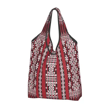 Симпатична червена чанта за пазаруване с шарките на килима Kabyle, преносима чанта за пазаруване с геометрични продукти, наплечная чанта за пазаруване