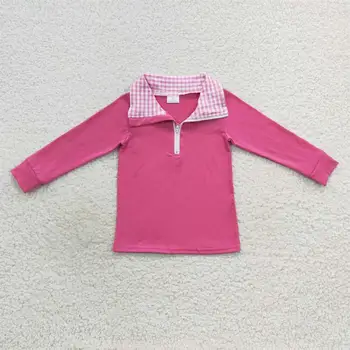 Търговия на едро с Тениска с яка в лента за малки момичета джоб С ревери, Потник, Пуловер за деца, Розов цвят в памучна риза с дълъг ръкав