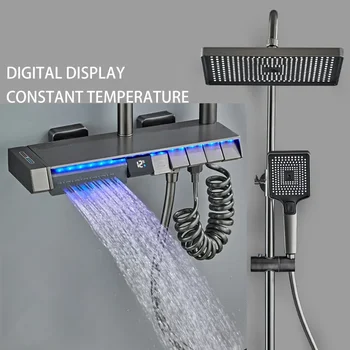 Комплект душ системи за баня, луксозен смесител за душ, Месинг Умен душ за баня, дигитален дисплей, домакински стенен монтаж комплект за душ с дъждовна дюза